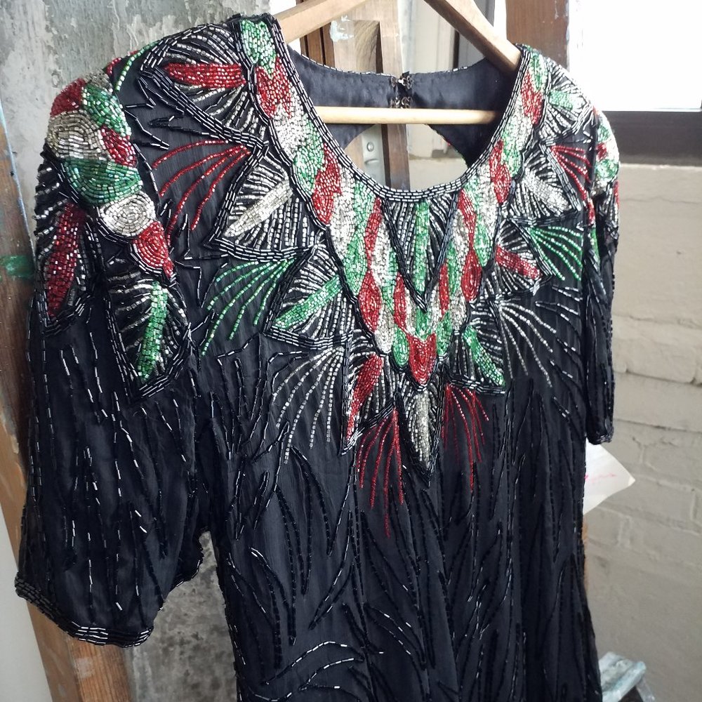 VINTAGE 1980's Beaded Silk Black Green And Red Midi Cocktail Dress, Size Large